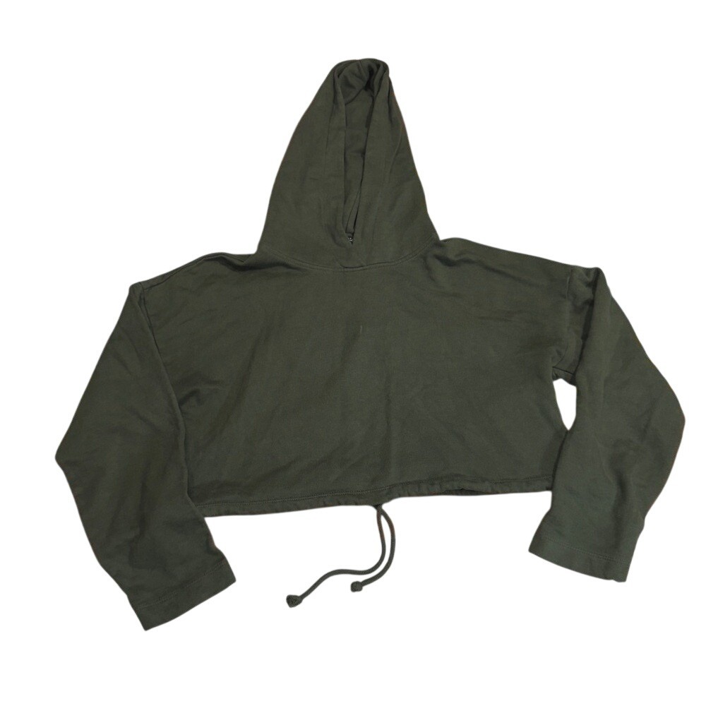 Zara Green Cropped Pullover Hoodie Sweater Women Small Drawstring Hem LongSleeve